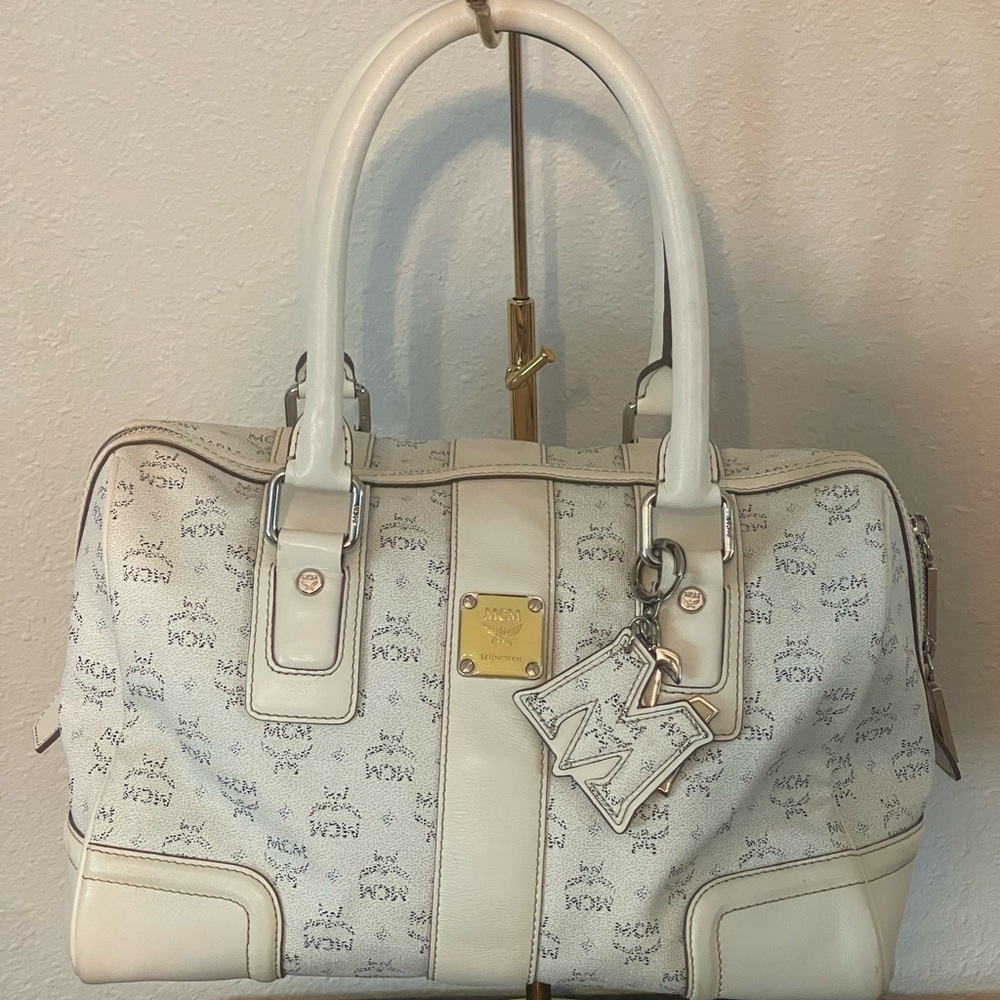 MCM Boston Bag Cream Satchel with keychain